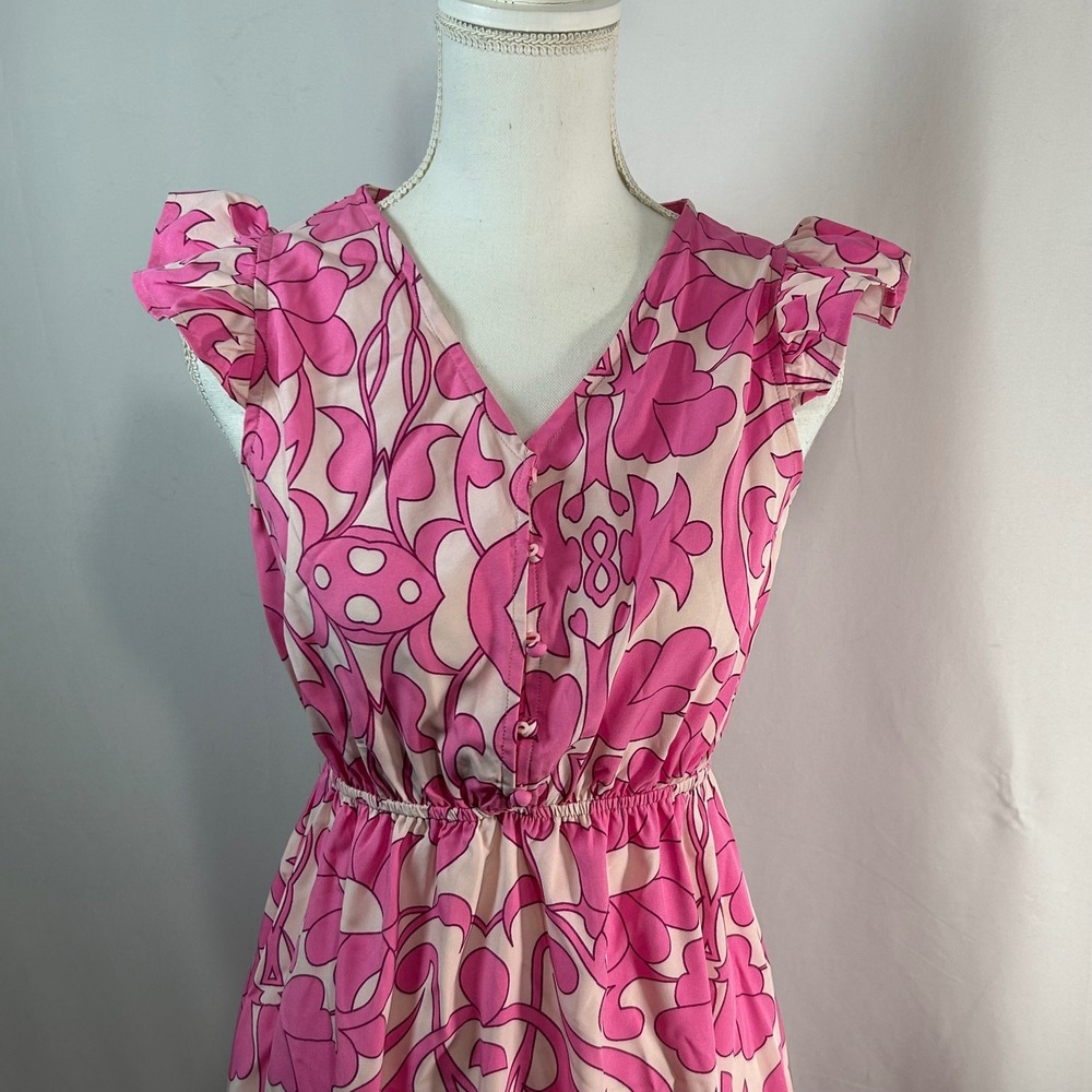 ANNVA Pink Floral Maxi Dress S Flutter Sleeve Bohemian Chic‎ Boho